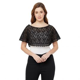 ESPRESSO Women Cropped Flower Lace Cotton Blend Round Neck Shrug