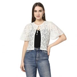 ESPRESSO Women Butterfly Sleeve 95% Cotton  5% Nylon Shawl Collar Lace Tie Up Shrug 