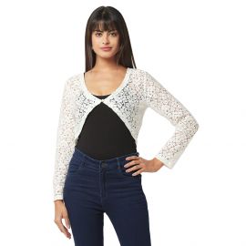ESPRESSO Women Cotton/Nylon Blended Long Sleeve Front Buttoned Floral Lace Crop Shrug